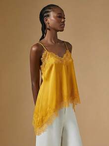 Briarwyn Women's Golden Yellow Lace Trim Camisole,Elegant Contrast Lace Asymmetric Hem Summer Top For Dinner Date,Fashionable Solid Color Lacey Top - Yellow - View 4