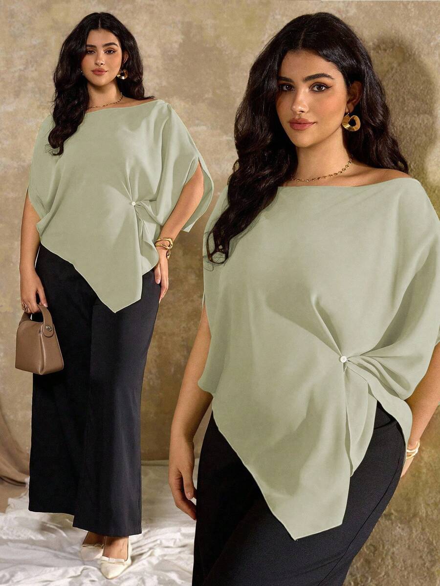 Roveilla Áo kiểu nữ cỡ lớn màu trơn, vạt áo bất đối xứng, kiểu Pháp, tay ngắn, vai lệch, dáng casual, áo màu xanh lá cây cỡ lớn, váy màu xanh lá cây nhạt cỡ lớn, áo màu xanh lá cây nhạt cỡ lớn, áo bất đối xứng, áo và áo kiểu nữ cỡ lớn, áo kiểu nữ casual, áo kiểu nữ thanh lịch, kiểu váy mới nhất cho nữ cỡ lớn, áo kiểu mới nhất cho nữ, hàng mới về. - Màu xanh Bạc hà - Xem 1