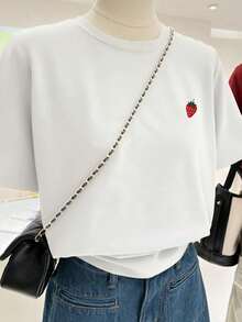 INAWLY Blusa casual y cómoda, camiseta con bordado de fresa, primavera/verano - Blanco - Ver 3