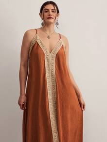 Freevana Đầm hai dây màu đỏ rượu vang phong cách Bohemian, đầm rộng rãi, bồng bềnh, cổ chữ V, phối ren móc, có dây rút, thích hợp cho kỳ nghỉ hè. - Gỗ đỏ - Xem 5