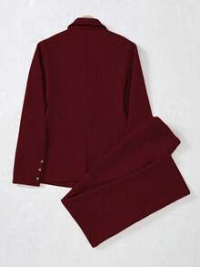 Franclia 女士纯色缺角领单排扣长袖西装套装，商务套装，女士裙装，酒红色套装，两件套，优雅西装套装，女士职业装套装，女士西装套装，商务职业装，女士裤装套装 - 酒紅色 - 查看 2