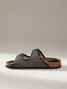 Solecia Damen Schuhe Frühling und Sommer Neu Doppelschnallen Gürtel Anpassungsdesign offene Zehenpartie Flacher Boden Lässig Urlaubsstil Damen Pantoffeln geeignet für Reise Urlaub, Strandreise Sommerschuhe - Stille Nacht Schwarz - Übersicht 6