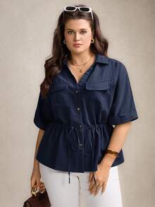 Comfylo Plus Size Women Drawstring Waist Short Sleeve Utility Pocket Loose Shirt - Navy Blue - View 7