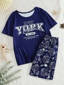 SHEIN 两件套男童碎花拼接灰色短袖上衣和黑色足球短裤睡衣套装 - 寶藍色 - 查看 3