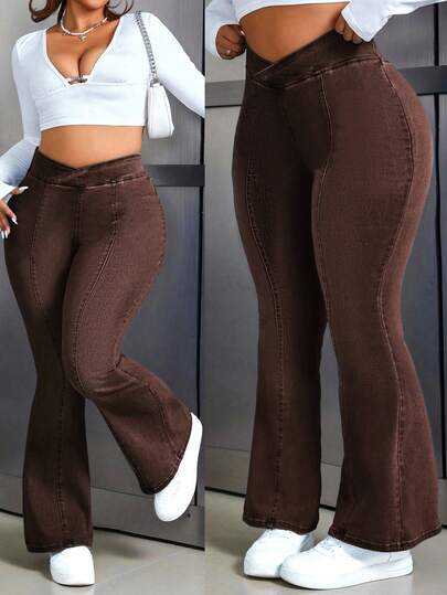 Flexra Jeans de pierna acampanada con cintura cruzada, moda casual para mujer de talla grande para uso diario y viajes