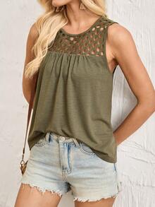 SHEIN Holidaya Women's Army Green Sleeveless Round Neck Hollow Out Ruched Fitted Tank Top - Army Green - View 3