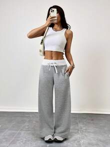 SHEIN PETITE 舒适休闲纯色针织低腰阔腿女式运动裤 - 灰色 - 查看 4