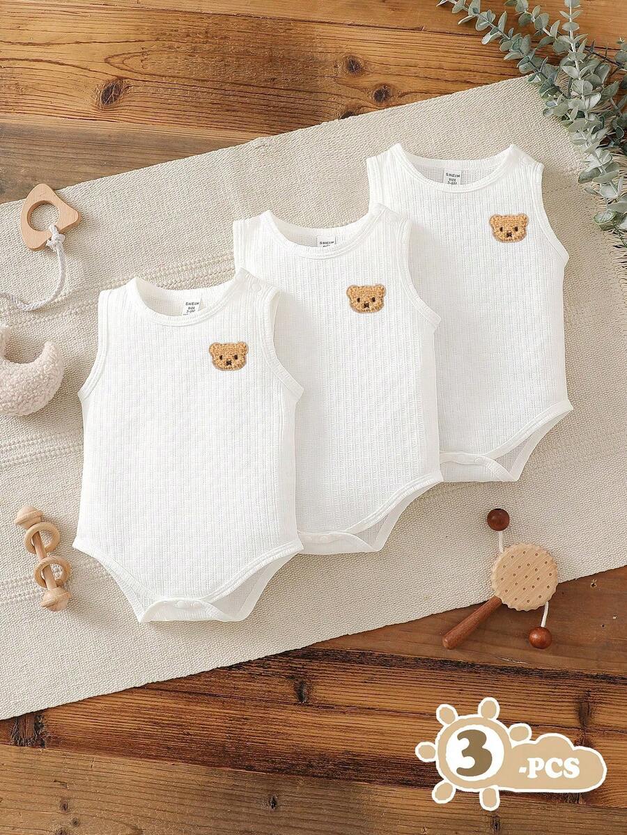 3pcs/Set Newborn Unisex Baby Sleeveless Bodysuit, White Minimalist Style, Suitable For Daily Wear, Casual Activities, And Birthday Parties, Spring/Summer - White - View 1
