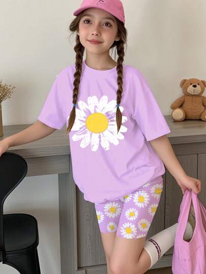 2pcs/Set Tween Girl Casual Minimalist Daisy Pattern Lavender Color Vacation Style Short Sleeve T-Shirt And Shorts Set, Suitable For Summer
