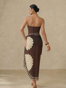 Swim Oasis 女士性感镂空拼接彩色海洋金属装饰连体泳衣，搭配渐变色网纱裙沙滩套装，春夏款 - 咖啡棕 - 查看 2