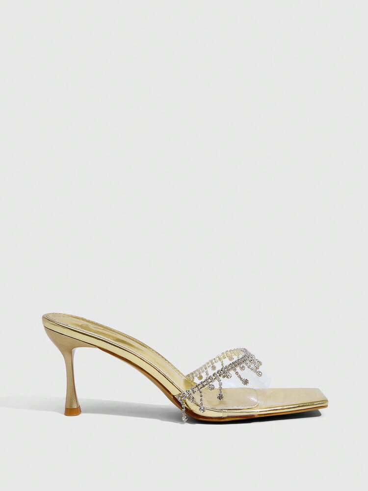 CUCCOO SZL Women Shoes Summer Square Toe Slender Heel Gold Transparent Film Rhinestone Chain Open-Toed Women's Sandals Sexy Fashion Gorgeous With Skirts Banquet Party Night Club Women's High Heel Sandals Slippers