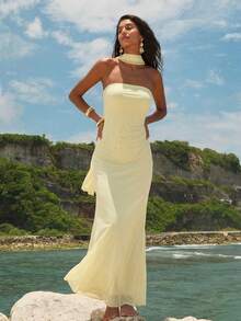 Opulessa Đầm ôm sát in họa tiết lưới dệt kim dành cho nữ - Vàng nhạt - Xem 4