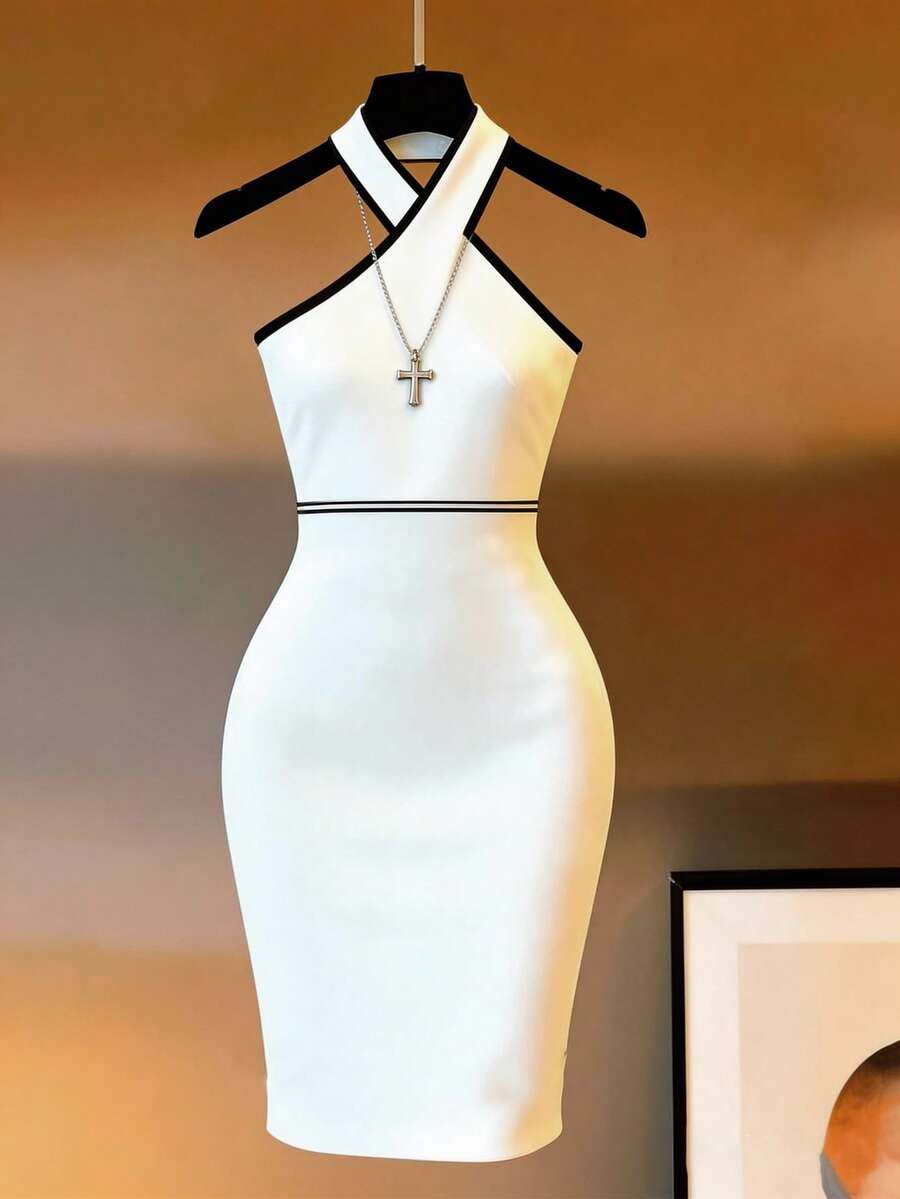 Franclia 女士白色露背吊带连衣裙，黑色滚边 - 黑與白 - 查看 1