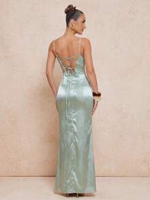 Lumalex Đầm ôm sát cơ thể bằng vải satin jacquard, kiểu dáng thắt eo, dây xoắn dành cho nữ. - Màu xanh Bạc hà - Xem 7