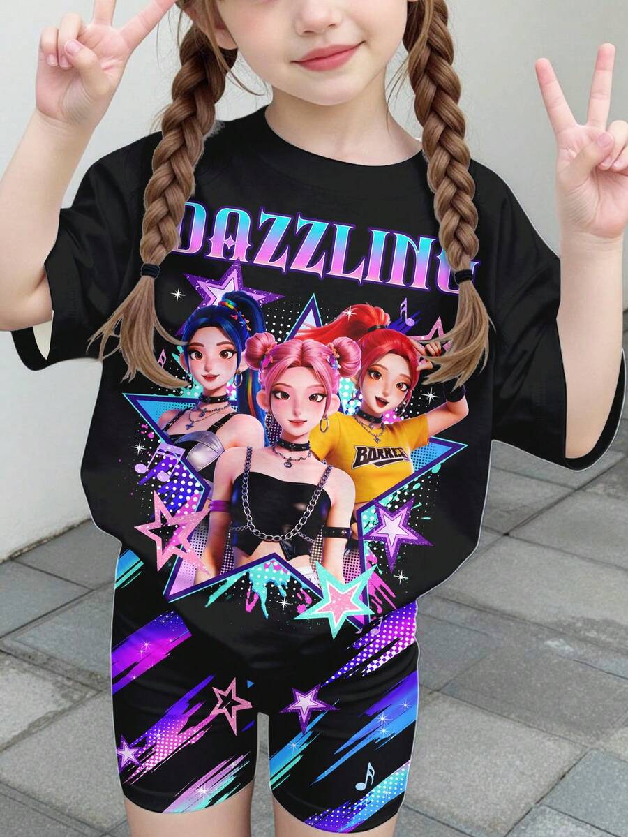 SHEIN 返校季,卡通女孩肖像,活力渐变色,少女休闲简约短袖T恤和短裤两件套,适合夏季穿着。 - 彩色 - 查看 1