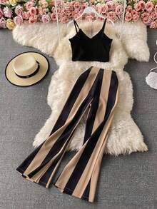 GlowEve 女式优雅条纹黑白撞色腰带紧身喇叭裤 - 鏽棕色 - 查看 2