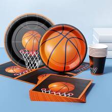 橙黑篮球图案一次性餐盘、餐巾纸和杯子套装，可供8位客人使用。这款一次性派对用品套装（包括餐盘、餐巾纸和杯子）非常适合生日派对、婚礼和家庭野餐。 - 查看 3
