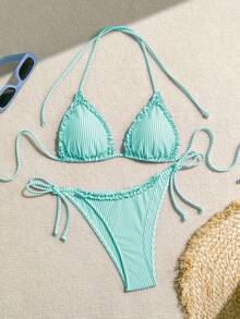 Swim Mod Women's Striped Nautical Style Patchwork Ruffle Trim Tie-Up Bikini Set - Mint Green - View 5