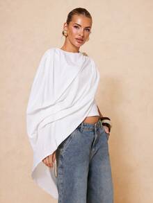 Lumalex 褶皱披肩设计不对称长款系带度假衬衫，春夏款 - 白色 - 查看 7