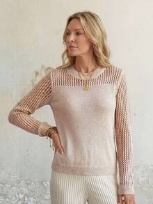 EMERY ROSE New Autumn Casual Loose Hollow Out Mesh Layered Fashionable Knit Blouse For Women Fall Sweater - Apricot - View 6