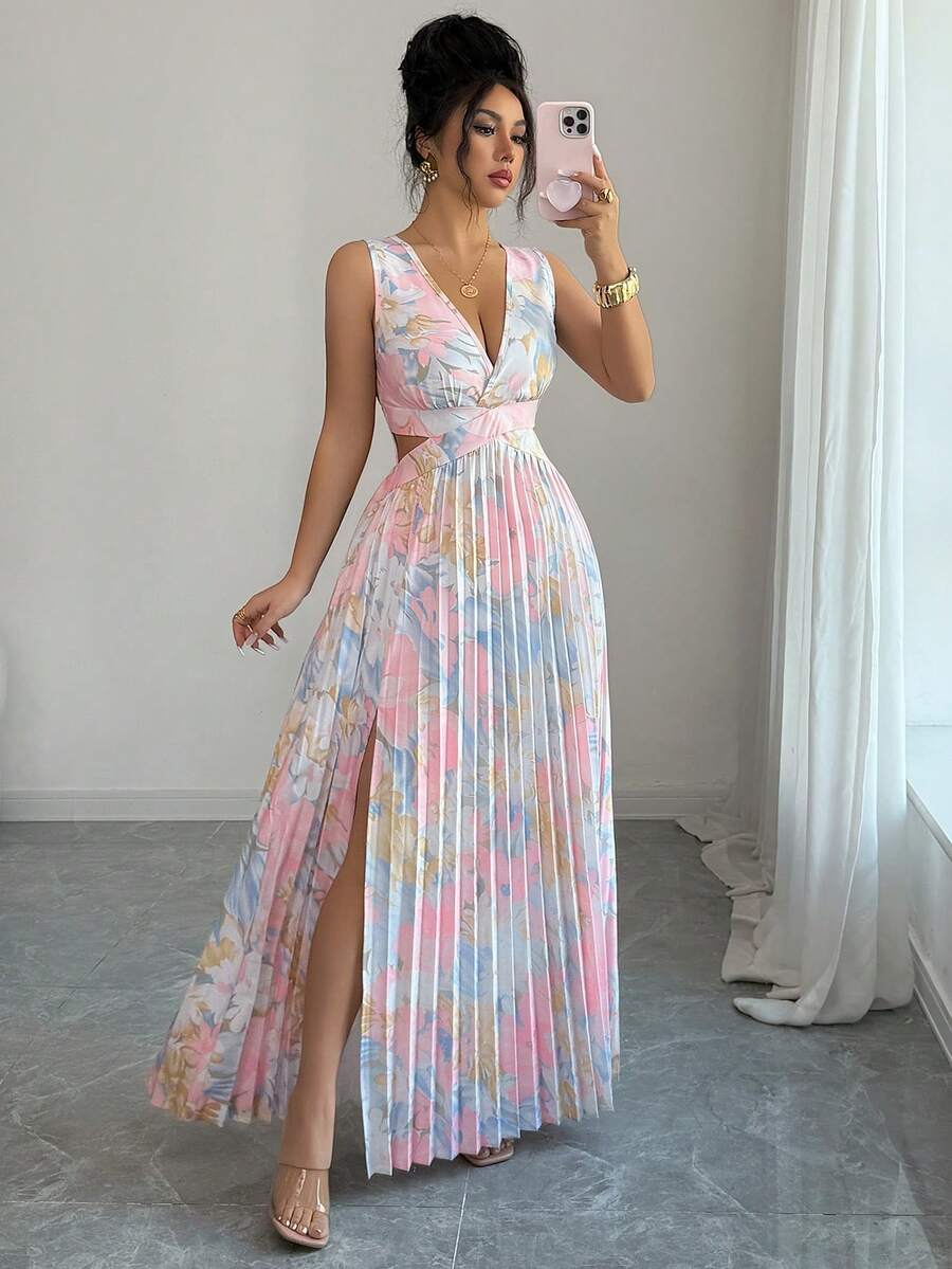 Elenzga Women V-Neck Hollow Out Pleated Sleeveless Dress - Pink - View 1