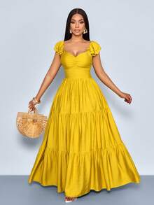 SOLERSUN 女士纯色时尚日常休闲优雅度假浪漫波西米亚海滩度假露背V领褶皱A字长裙飘逸优雅夏季夏威夷摆裙 - 芥末黃 - 查看 4