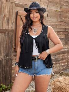 Ceyna Plus Size V-Neck Tie Beaded Tassel Ruffle Hem Sleeveless Jacket - Black - View 4