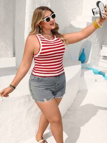 Vivid Eden 女士休闲优雅浪漫条纹针织弹力圆领衬衫，适合春夏穿着 - 紅白色 - 查看 5