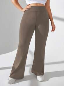 SHEIN Rhythm Era 大码女式高腰喇叭裤纯色运动裤 - 咖啡棕 - 查看 5