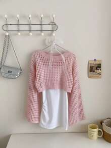 SHEIN 少女度假休闲纯色镂空喇叭袖针织毛衣 - 淺粉色 - 查看 4