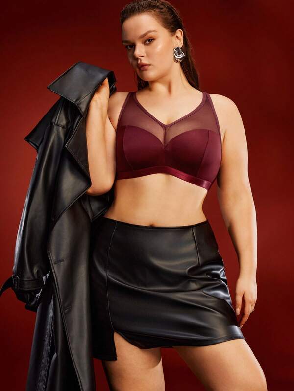 EmpressEnvy Plus Size Mesh Patchwork Wireless Bra Lingerie For Women Curve Plus Size Bra For Women Plus Size