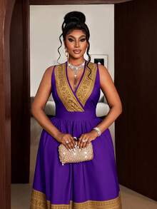 Maweii Plus Size Women Patchwork Ruched Waist Elegant Party Dress - Purple - View 6