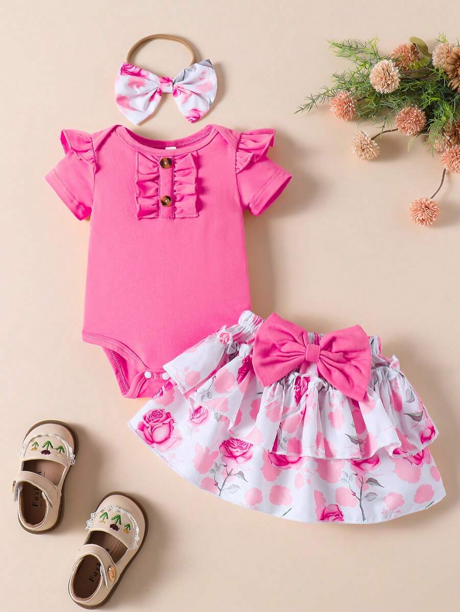 Souflis Souflis 3pcs Baby Girl Sweet Cute Cap Sleeve Romper, Floral Print Bowknot Dress & Headband Set, Summer - Hot Pink - View 1