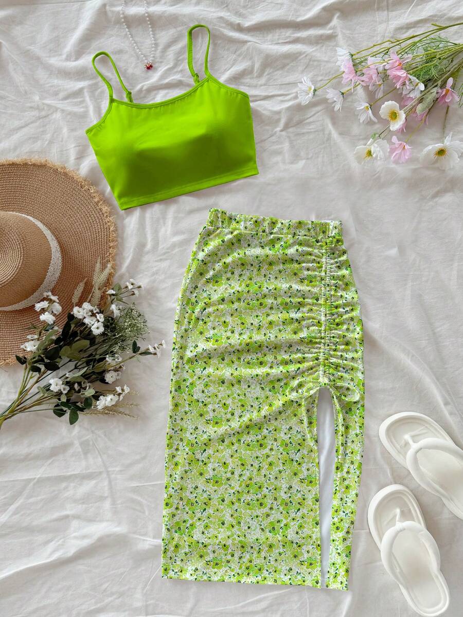 Soleia 2pcs/Set Women Casual Green Floral Print Cropped Camisole Top And Mini Skirt Suit, Suitable For Spring/Summer Summer Two Piece Set Brunch - Multicolor - View 1