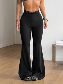 Coolane 女士街头风外出Y2K度假装扮锐舞派对蕾丝弹力舒适高腰黑色小码喇叭裤 - 黑色 - 查看 1