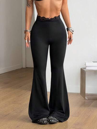 Coolane Dam Streetwear Utekväll Y2K Semesterkläder Rave Outfit Spets Stretchig Bekväm Högmidjad Svart Petite Bell Bottoms