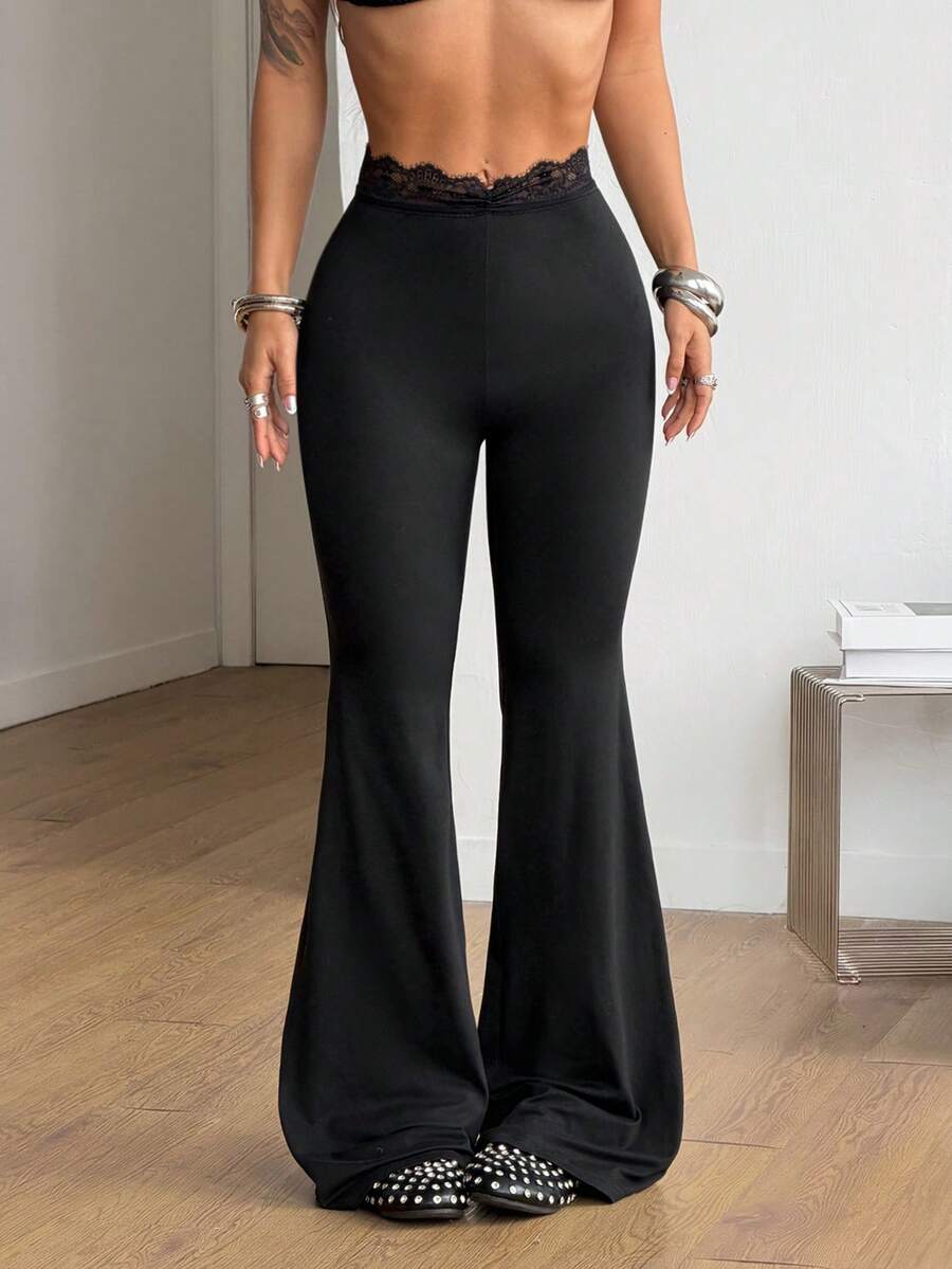 Coolane 女士街头风外出Y2K度假装扮锐舞派对蕾丝弹力舒适高腰黑色小码喇叭裤 - 黑色 - 查看 1