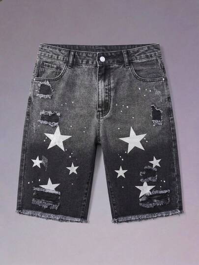 DSELFIQUE 男士星星印花破洞牛仔短裤图案牛仔短裤宽松星星派对深灰色牛仔短裤，适合丈夫、男朋友的礼物
