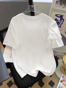 Airaco Plus Size Summer Casual 3D Floral Decor Round Neck Short Sleeve T-Shirt - White - View 2