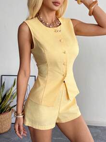 SHEIN EZwear 黄色梭织休闲女式背心和短裤套装 - 黃色 - 查看 10