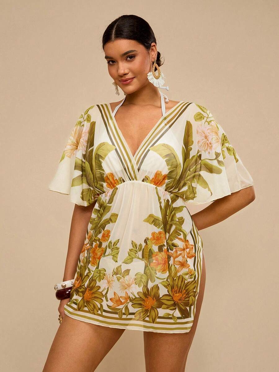 Travachic Áo khoác ngoài đi biển dáng rộng cổ chữ V in họa tiết hoa nhiệt đới cỡ lớn dành cho nữ, thích hợp cho kỳ nghỉ thường ngày. - màu xanh lá - Xem 1