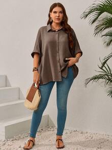 EMERY ROSE Camicia casual oversize da donna con maniche a pipistrello, monopetto, tinta unita, adatta per vacanze, abbigliamento estivo - Cachi - Visualizzare 3