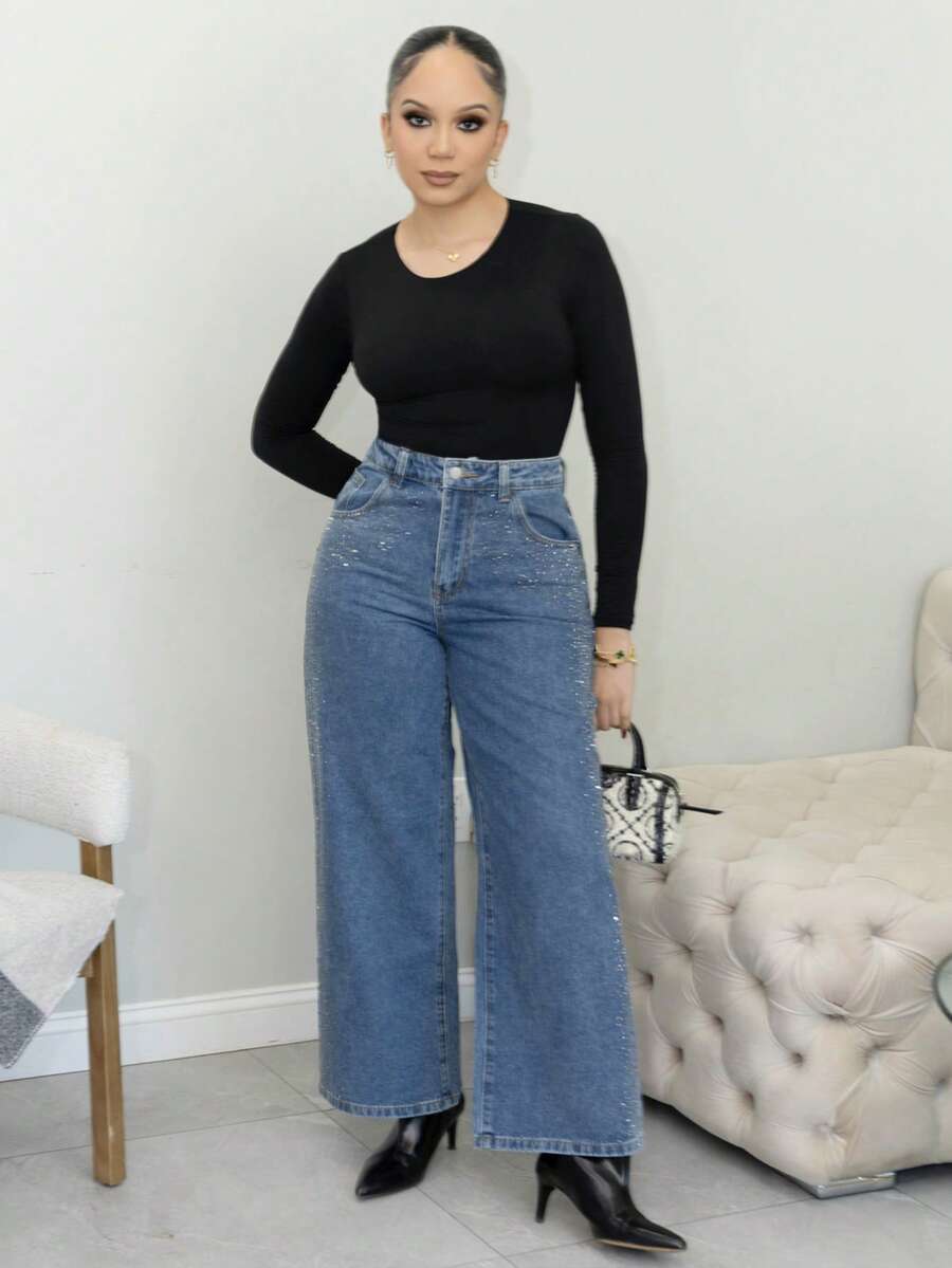 Melissa Matos 女士新款优雅水钻装饰蓝色直筒牛仔裤，适合情人节和妇女节穿着。 - 藍色 - 查看 1