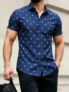 Manfinity Homme 男士全幅船錨印花寬鬆襯衫 - 藏蓝色 - 查看 1