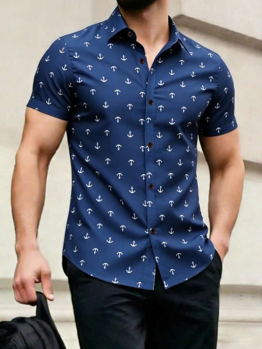 Manfinity Homme 男士全幅船錨印花寬鬆襯衫 - 藏蓝色 - 查看 1