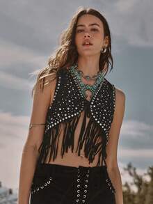 Easelle Bohemian Music Festival Sequin Rivet Tassel Vest For Women - Black - View 6