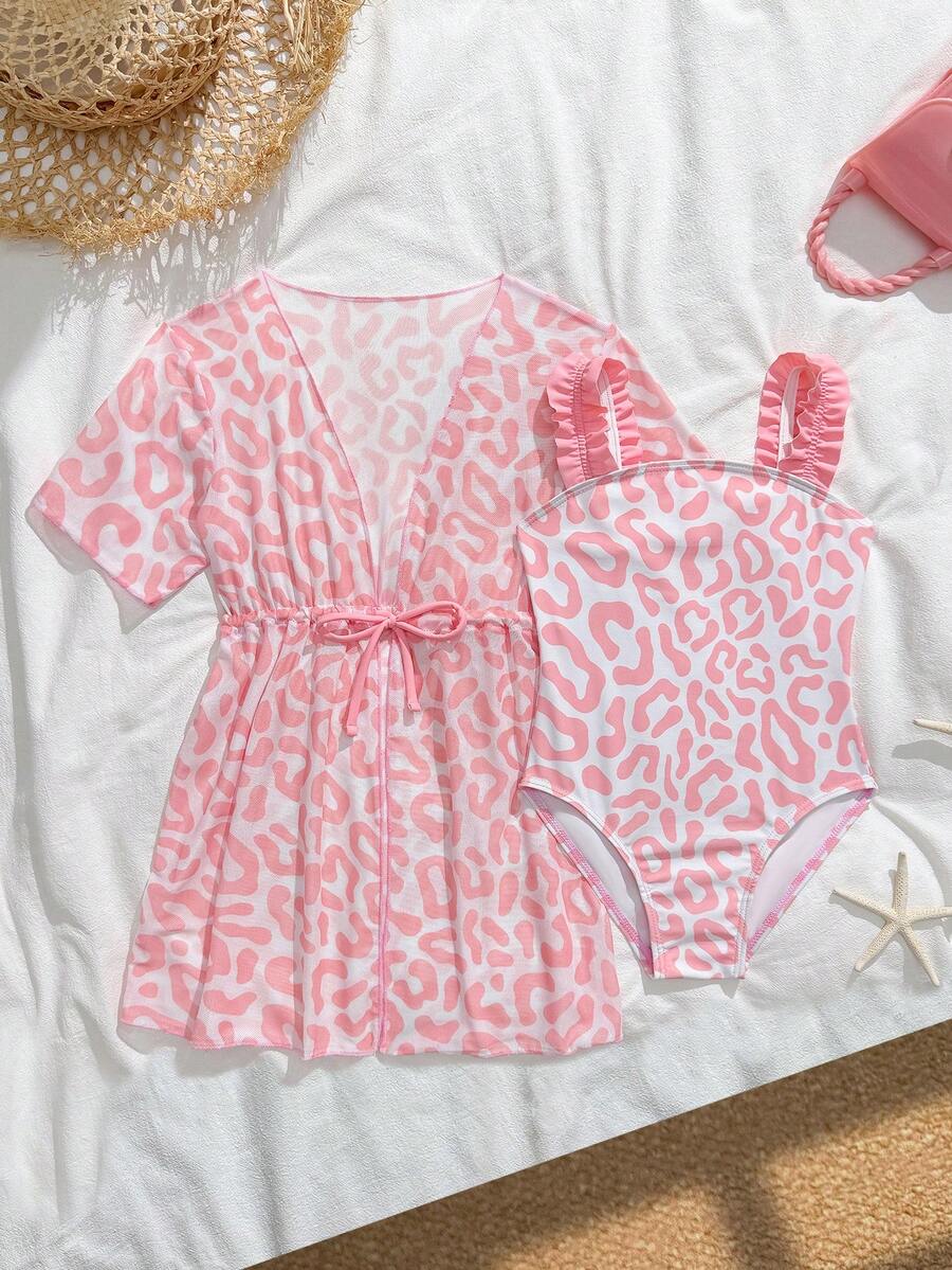 SHEIN Bộ đồ bơi vải dệt kim họa tiết da báo màu hồng dễ thương gồm 1 bộ và áo khoác ngoài, kiểu dáng thời trang, thanh lịch, phù hợp cho bơi lội, nghỉ mát, mùa hè. - Hồng - Xem 1