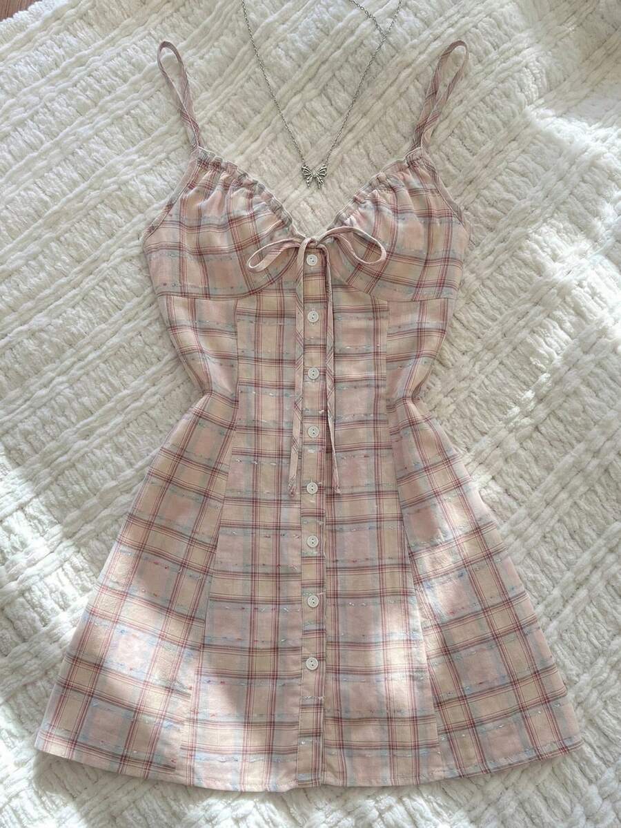 Elamini 女士夏季简约纯色纹理V领修身吊带迷你连衣裙 - 粉色 - 查看 1