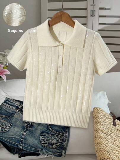 Elamini Casual Versatile Sequin Embellished Women's Solid Color Half-Zip Short Sleeve Fitted Knit Sweater