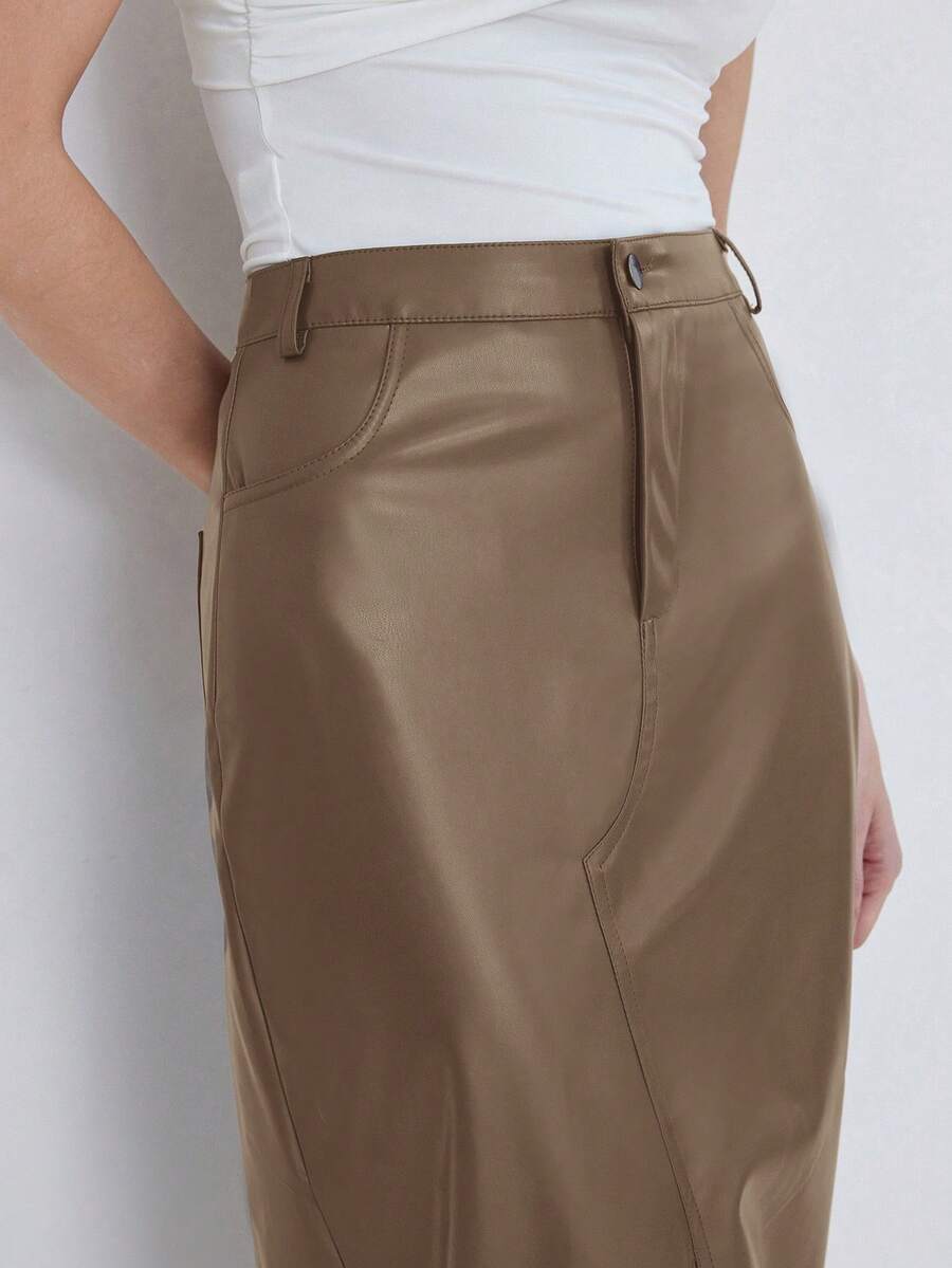 Aveloria Modichic Women's Solid Color Pocket Slit Hem Fashion PU Mid-Length Skirt - Camel - View 1